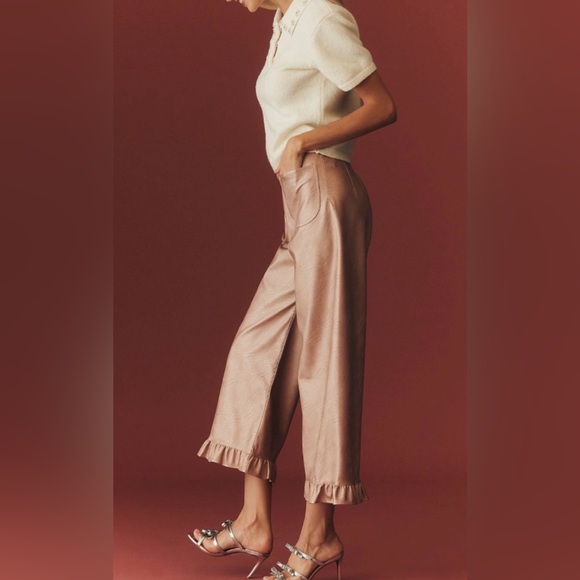 Anthropologie Maeve The Colette Metallic Ruffle-Hem Faux Leather Pants - Picture 4 of 15